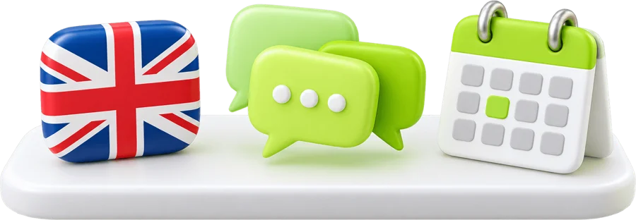 Language flag, topic bubbles and a publishing calendar