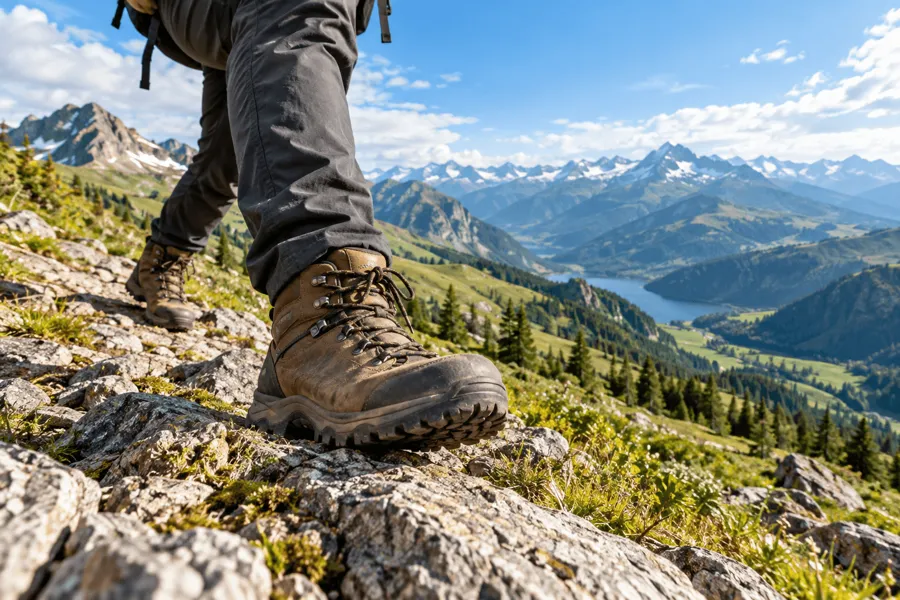 Hiker's boot on a rocky mountain trail